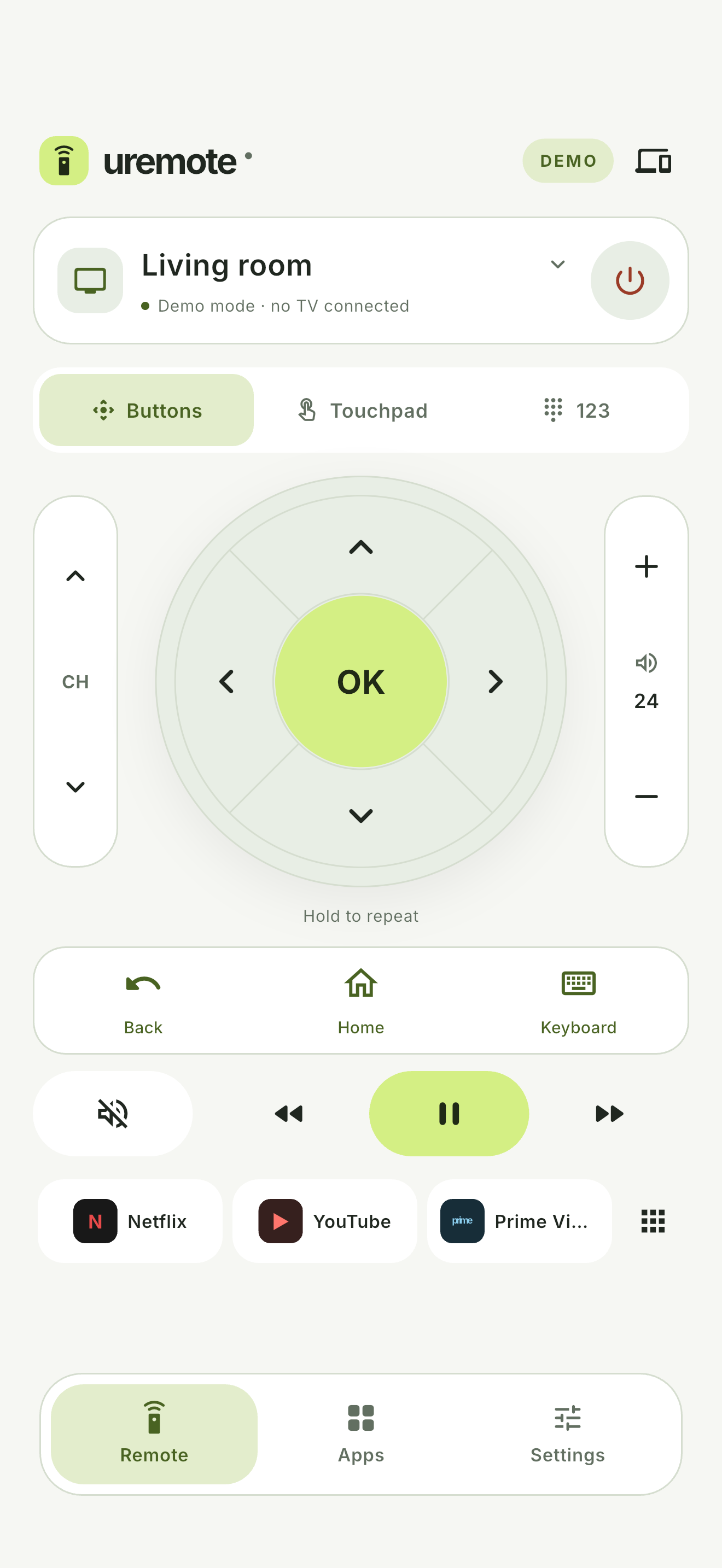 uRemote in demo mode, showing a large OK button, volume controls and app shortcuts.